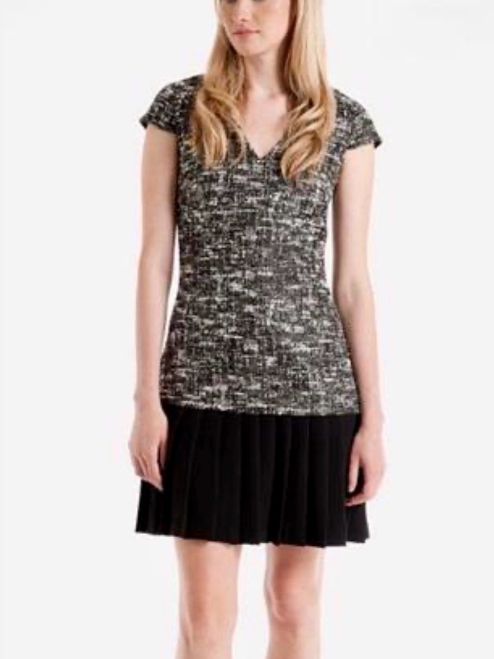 Ted Baker London Lucina Black/White Textured V-Neck Dress w/Pleated Skirt -3